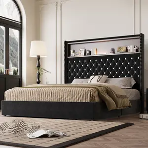 Queen/Full Size Velvet Tufted Soft Bed Frame with USB Port Night Light 52 High Headboard Rivet Decoration Wing-back Platform Bed Headboard Shelf, Black/Beige