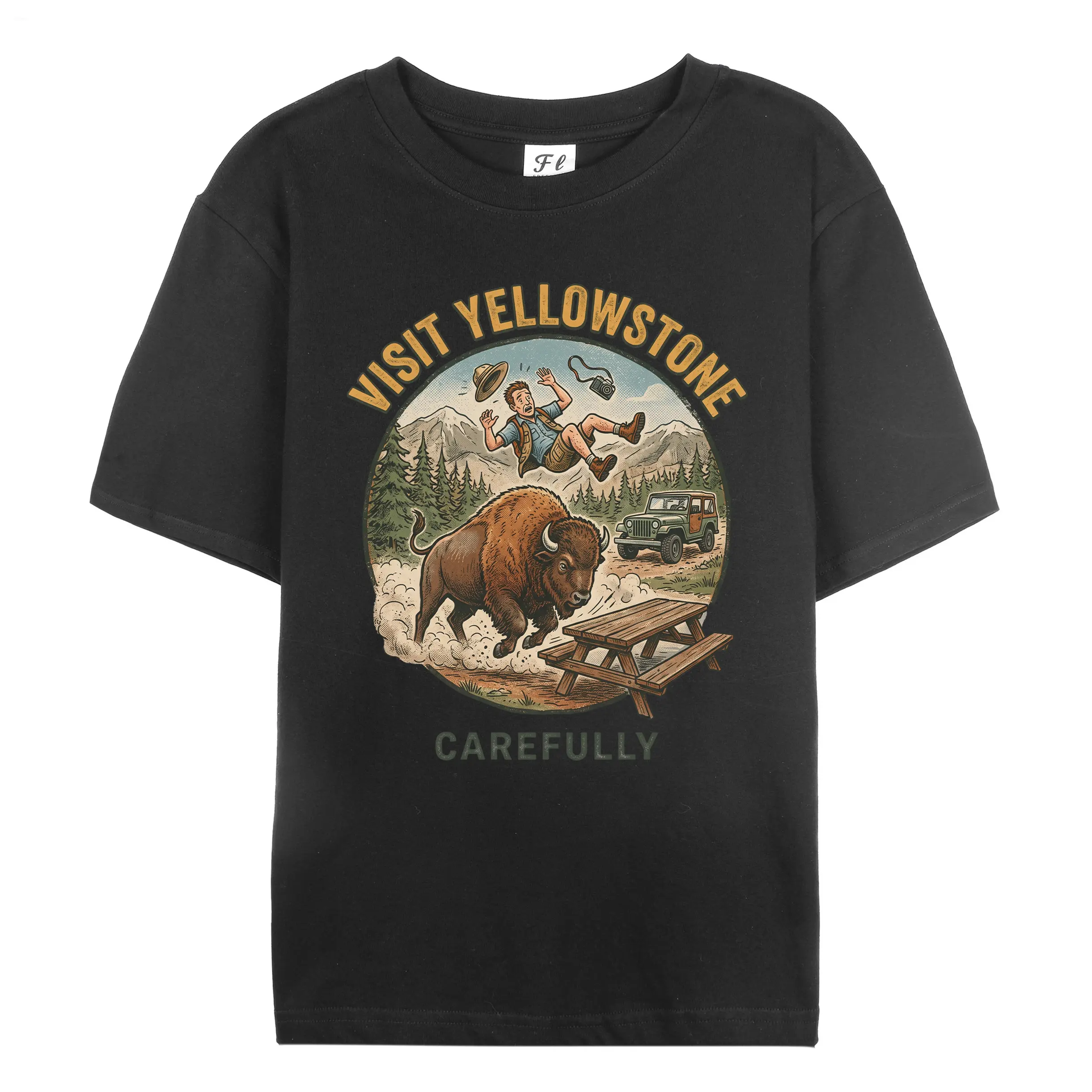 Oversized Bison Graphic Tee 230g Cotton DTG Print Vintage Buffalo Visit Yellowstone Carefully T-Shirt Funny Unisex Camping Gift