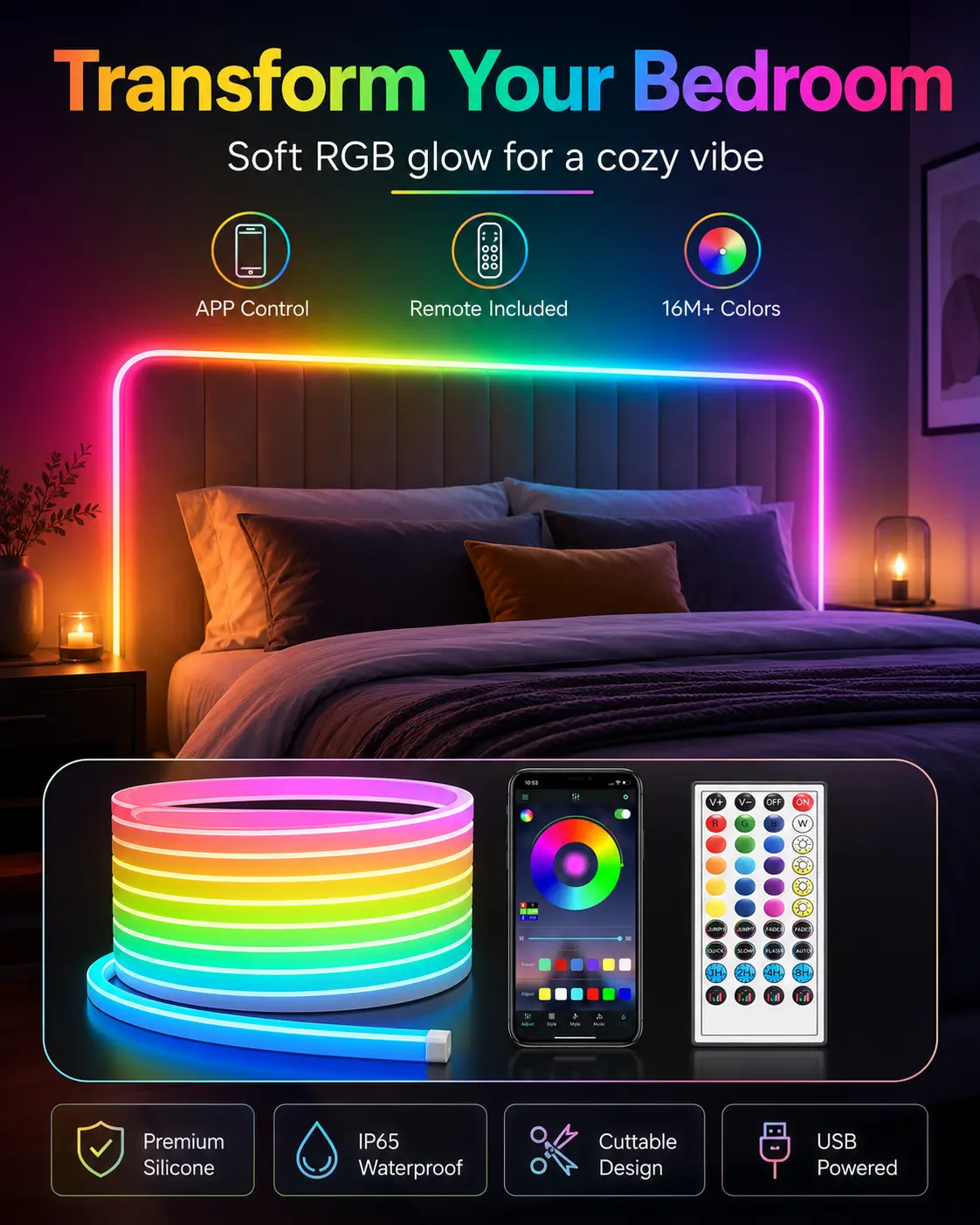 Premium Silicone Cuttable RGB LED Strip Lights (RGB Lights) - 16M+ Colors, APP Control, Included Remote, IP65 Waterproof, USB Powered, Soft Glow for Cozy Indoor Vibe