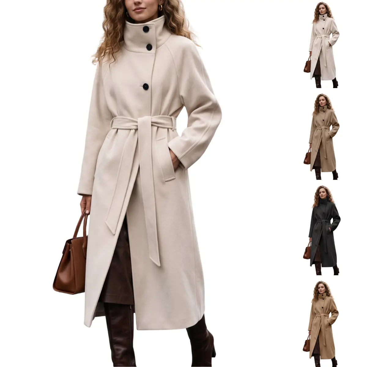 Molitree Women's Wool Blend Long Coat Mock Neck Button Front Belted Waist Winter Overcoat Elegant Casual Outerwear