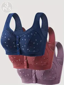 3-Pack Front-Opening Backless Lace Patchwork Print Elegant Women's Wire-Free Bras, Sexy Plain Design, Medium Support, All Seasons Lingerie Underwear