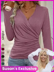 Women's Casual Slim-Fitting Long Sleeve Top Blouse, Plain Design, All-Season Wear, Perfect for Everyday & Comfortable Daily Use