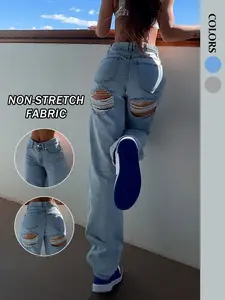 Women's Flap Detail Light Wash Denim Jeans, Y2K Style Streetwear Casual Comfy Wide Leg Trousers for Daily Wear, Ladies Bottoms for All Seasons