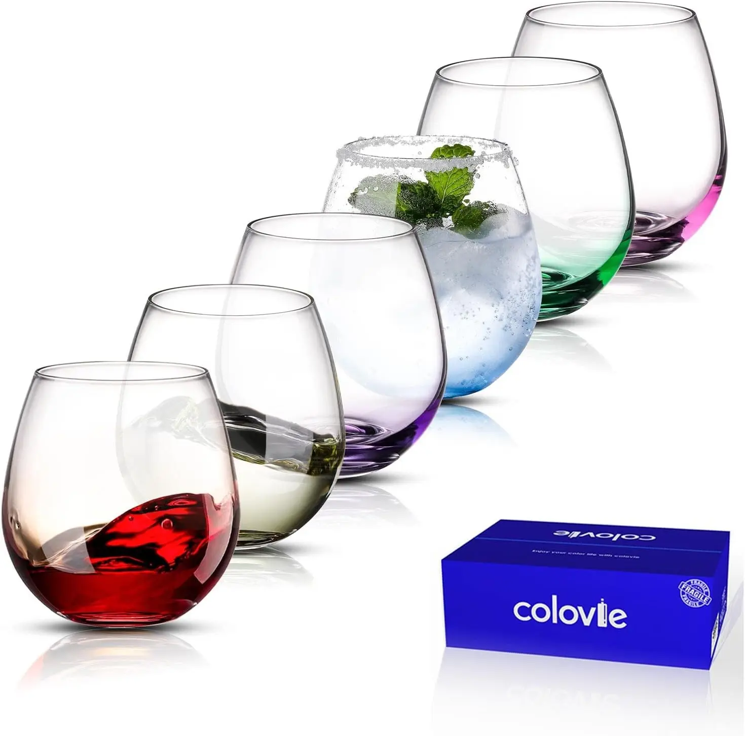 ColoVie Stemless Wine Glasses set of 6, Colored Cocktail Cups, Party Glass | 15oz Stemless Wine Glasses for Red wine, White wine, Sangria, Spritz, Colorful Glassware Set for Home bar, Weddings and Gifts Gift