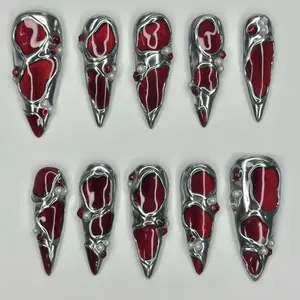 Handmade Gothic Chrome Press On Nails | Red Wine Base, 3D Molten Silver, Pearls & Dark Luxury Accents | Stiletto Nails For Vampire Vibes
