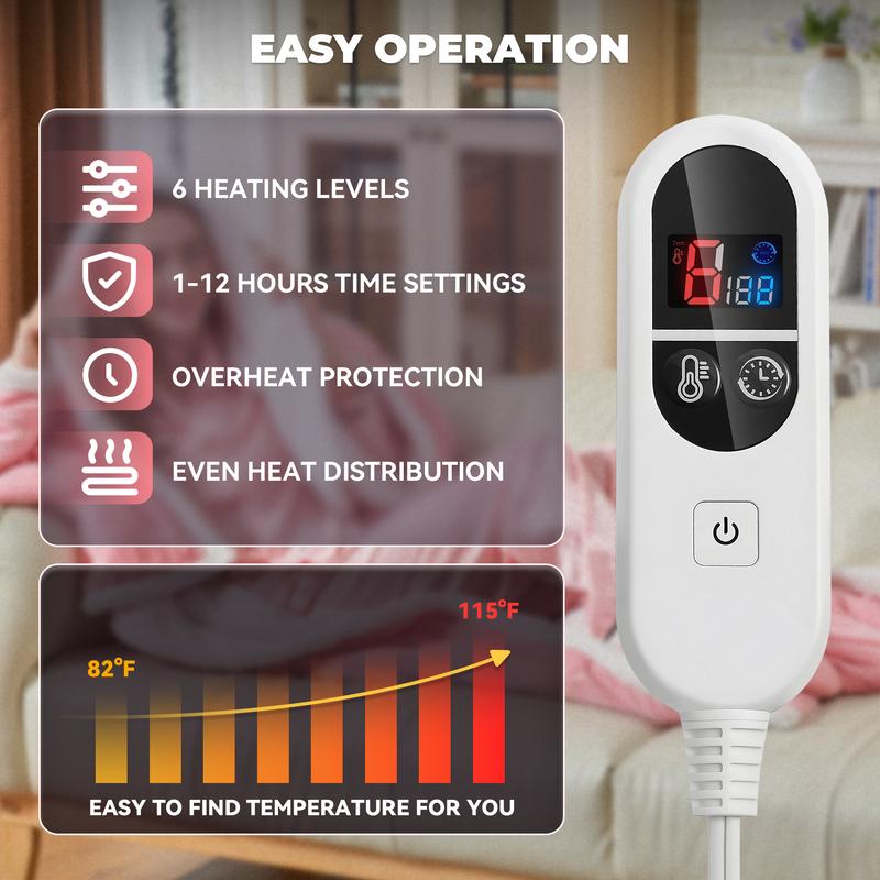 TEHANLD Wearable Heated Blanket with Foot Pocket, Electric Wearable Throw Blanket with Sleeves, Portable Heated Blanket with 6 Heat Settings, 1-12 Hours Auto Shut-off, Gift for Family, Friends, 52*72"