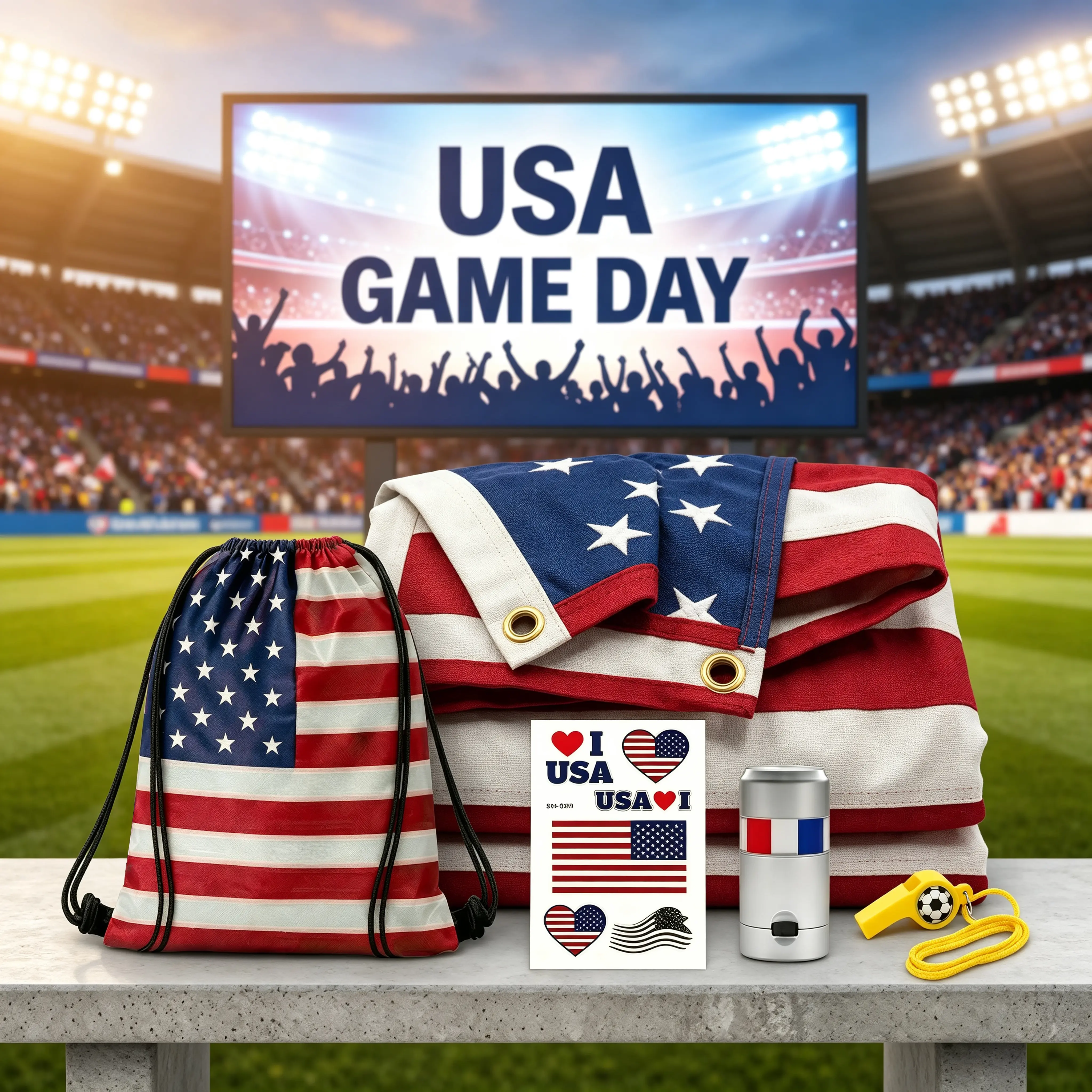 2026 USA Soccer Team 5-Piece Party Kit - Fabric Flag, Stars Stripes Drawstring Bag, Whistle, Face Paint, Temporary Tattoos for Match Day Celebrations