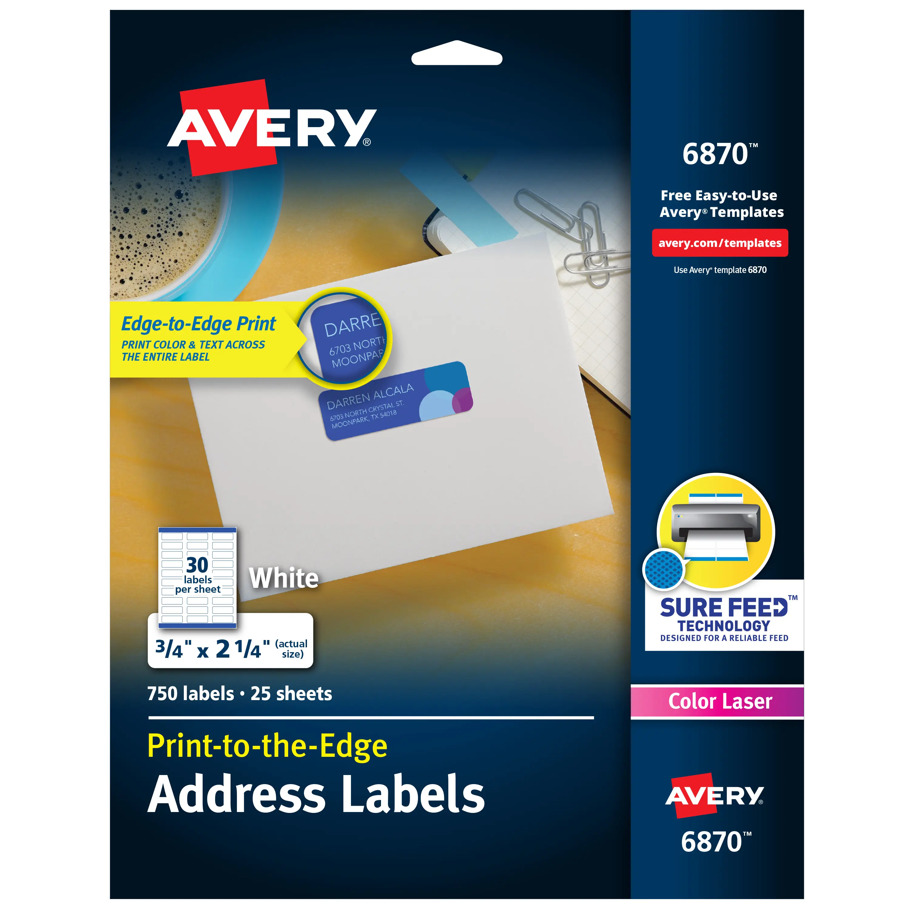 Avery Print-to-the-Edge Printable Address Labels - Daycare & Mailing Use, 0.75" x 2.25", Matte White, Sure Feed Technology, Laser & Inkjet Printable, 750 Labels (6870), Daycare Labels, Labels For Mailing