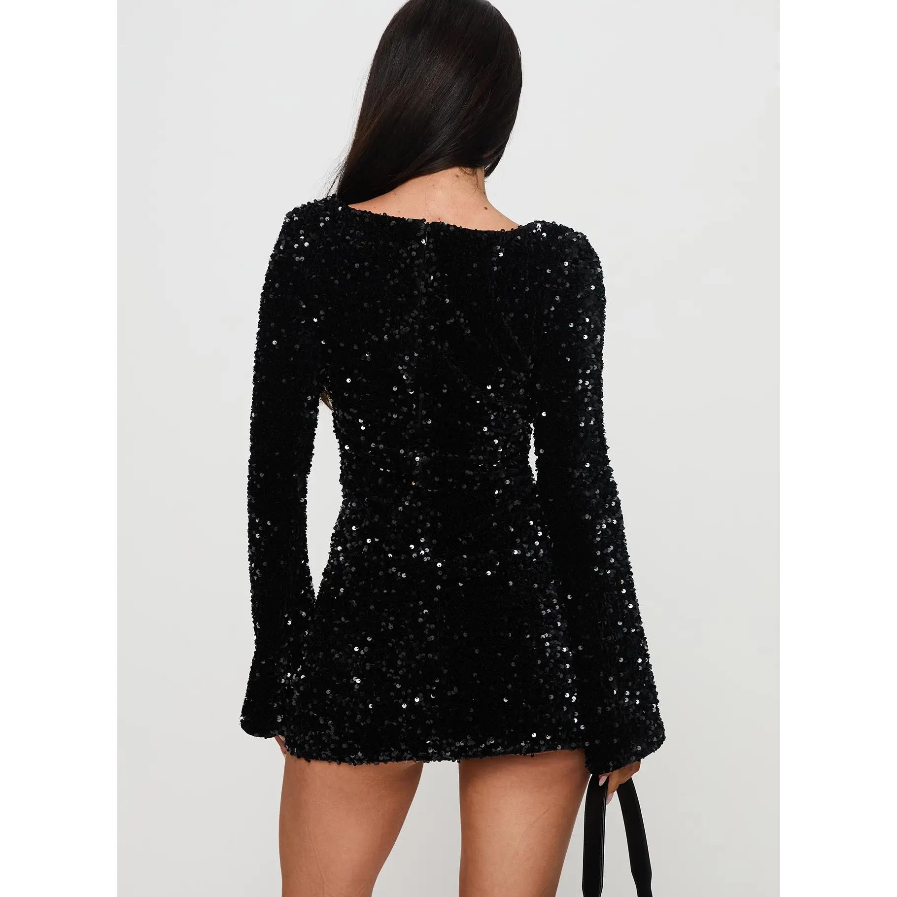 long sleeve lace fall dress Black Illusion Lace Top Long Sleeves A Line Long Prom Dress, Black / L