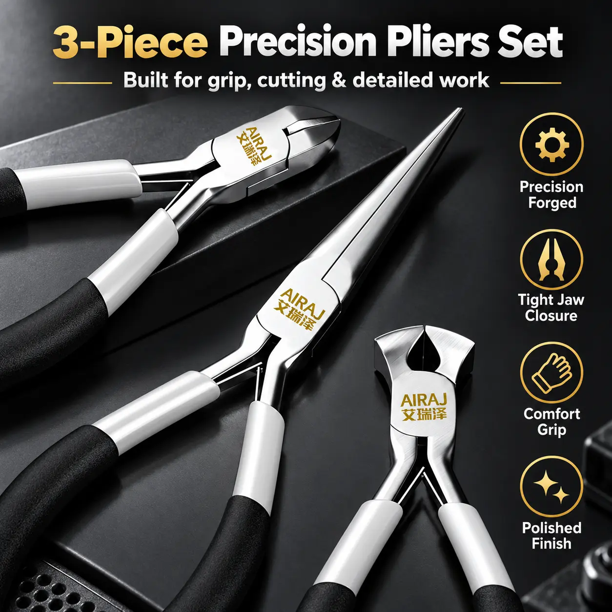 Mini Precision Pliers Set - Long Nose, Diagonal Cutting & End Cutting Pliers with Non-Slip Handles, Hand Tools for Jewelry Making, Electronics Repair