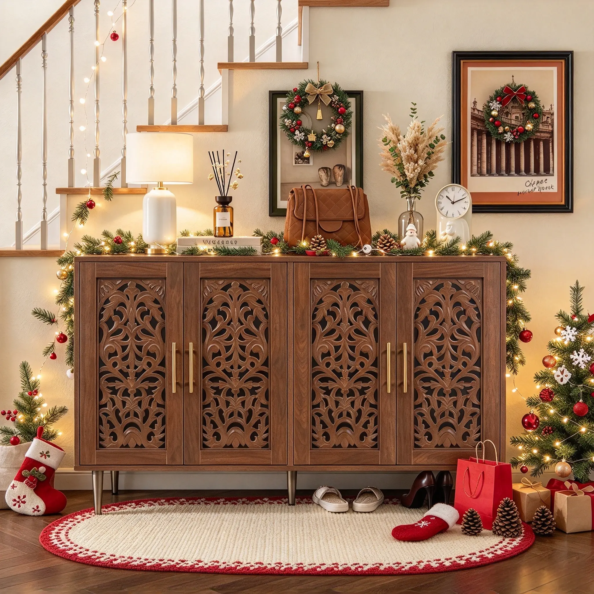 HLR Freestanding 4-Door Hollowed-Out Sideboard Cabinet - Bohemian Vintage Wooden Dresser with Reeded Doors, Floral Cuts, Drawers, Legged Base, 25kg Capacity, Ample Storage, Display-Ready Top, Narrow Indoor Cupboard for Dining Room, Assembly Required