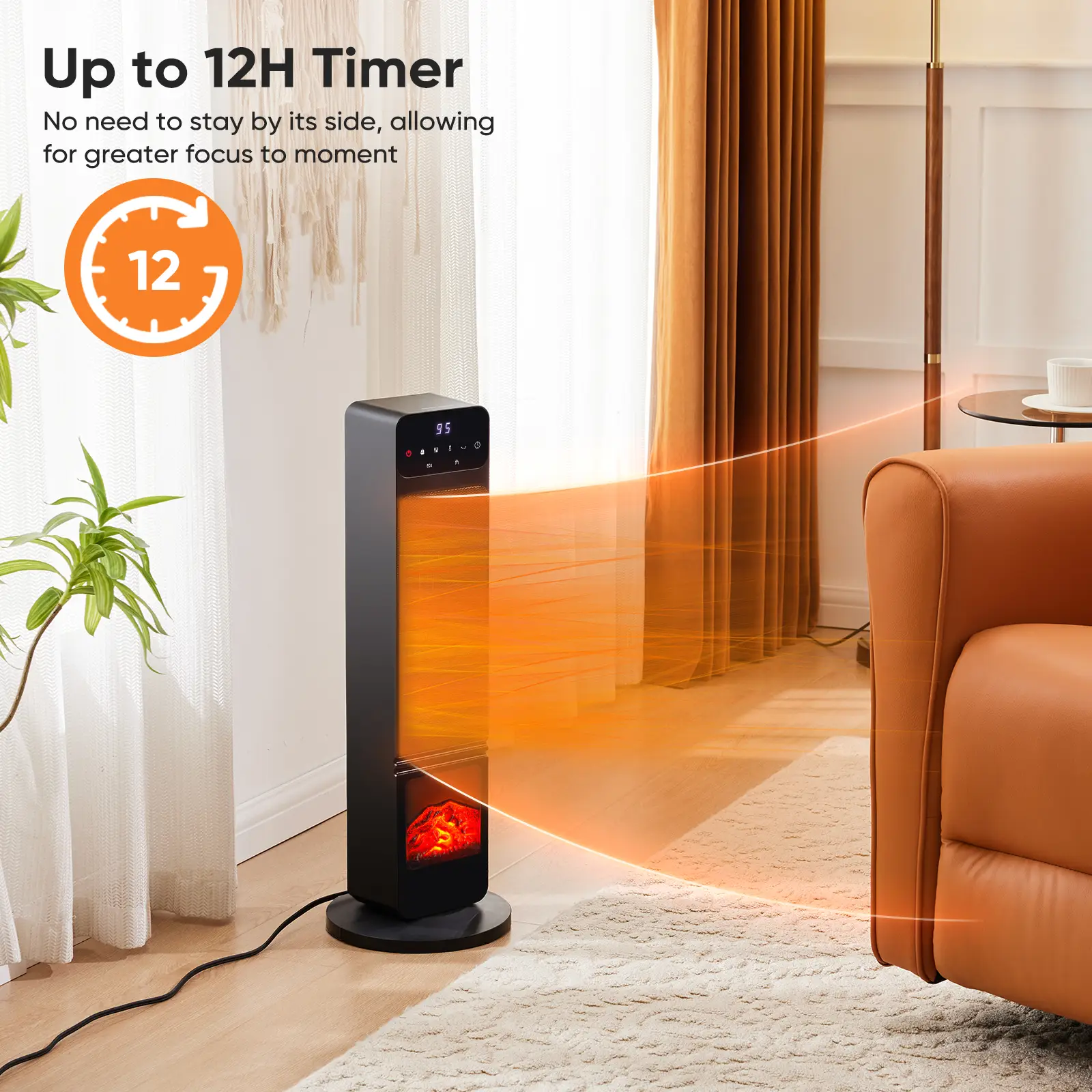 Space Heater, 1500W Portable Electric Tower Heater with Adjustable Thermostat, Overheating & Tip-Over Protection