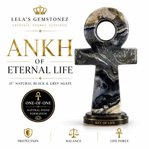 Volcano Agate Ankh with Custom Stand - Hand Carved Egyptian Key of Life for Grounding Transformation & Emotional Balance - 2.69 lbs, 11 inches