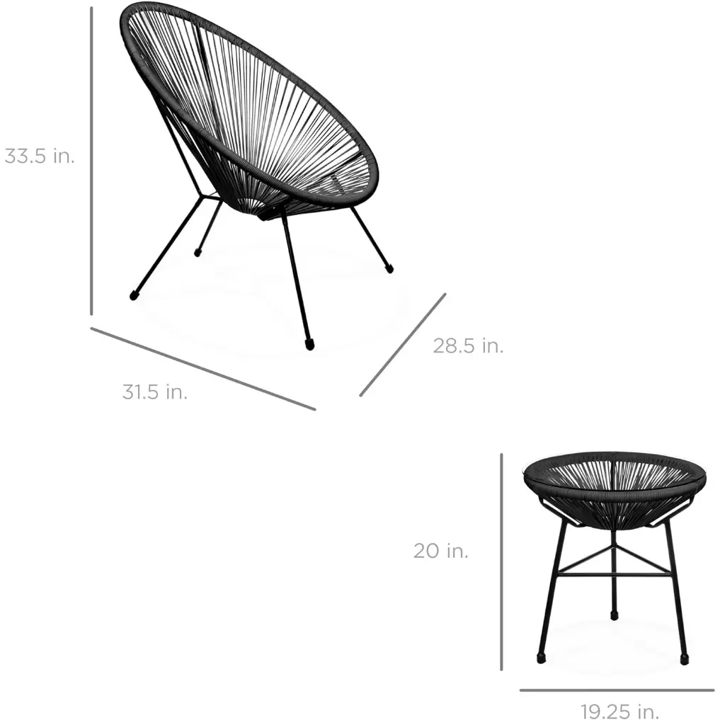 3-Piece Outdoor Acapulco All-Weather Patio Conversation Bistro Set w/Plastic Rope, Glass Top Table and 2 Chairs - Black Furniture rattan chair PE rattan chair egg chair noodle chair egg chair sun lounger