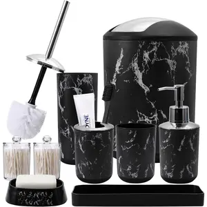 Black Marble Bathroom Accessories Set, Complete Bathroom Set with Trash Can, Vanity Tray, Soap Dispenser, Soap Dish, Toothbrush Holder, Toothbrush Cup, Toilet Brush and Qtip Holders for Bathroom