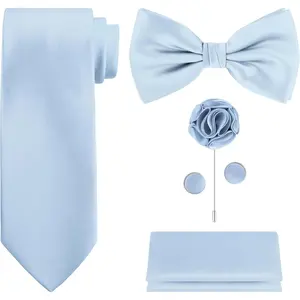 TIE G 5pcs Tie Set in WHITE OR BLACK GIFT BOX: Solid Color Necktie, Satin Bow Tie, Pocket Square, Lapel, Cuff Links