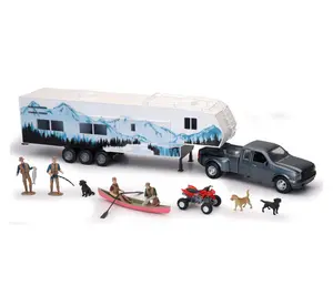 NewRay 1:32 Scale Fifth Wheel Camping Set Toys Die Cast Pick Up Truck with Camper Trailer and Accessories