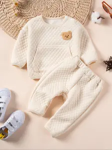 Two-Piece Set Baby's Cartoon Bear Print Sweatshirt & Elastic Waist Pants Set, Cute Casual Long Sleeve Pullover & Trousers, Infant Newborn Kids Fall & Winter Clothes, Baby Clothing
