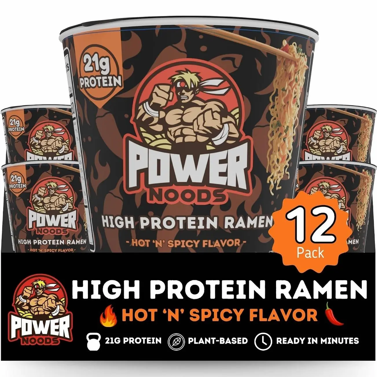 Power Noods High Protein Ramen Noodles - 6 or 12 Pack | Protein Ramen Cups for Lunch or Dinner | Better for You Plant-Based Instant Meal | Hot 'N' Spicy