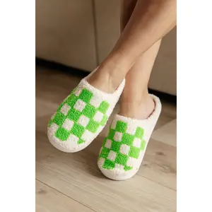 Women's Checked Slide Slippers, Green Shoe, Comfortable Footwear
