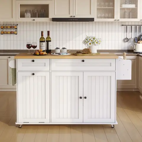 【Black Friday】ONBRILL 60" Kitchen Island with Power Outlet & Drop Leaf, Kitchen Rolling Island with Spice Rack & Towel Rack, Knife Holder, Kitchen Island Cart with Trash Storage Cabinet, Mobile Island Table for Kitchen
