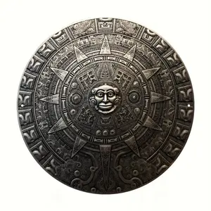 1PC 2D Flat [] Retro Aztec Sun God Calendar Pattern Round Aluminum Plaque Mayan Civilization Style Home Decoration Wall Hanging Art Unique Cultural Souvenir Historical Metal Plaque, 20*20cm/7.9*7.9inch