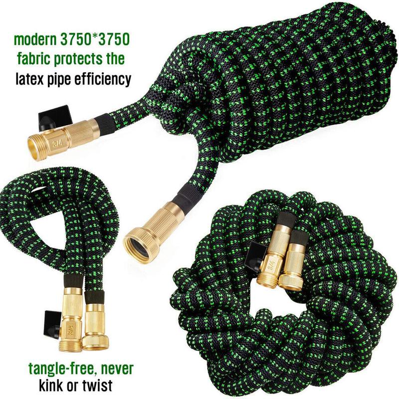 Flexible Garden Hose 75/100ft 3X Stronger Deluxe Expandable Green Polyester Fiber with 10 Functions Nozzle 3/4" Solid Brass Fittings Foldable for Outdoor Gardening Car Cleaning