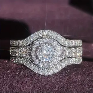 3pc/set Elegant Couple Ring Set with Shining Round Zircon Wedding Engagement Promise Bride Eternal Ring Anniversary Commemorative Ring Birthday Stone Ring Women's Romantic Festival Gift