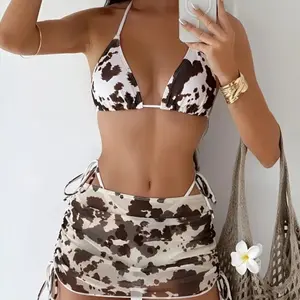 Cow Print 3 Piece Bikini Set With Bathing Suit Cover - Perfect for Beach Days and Pool Parties