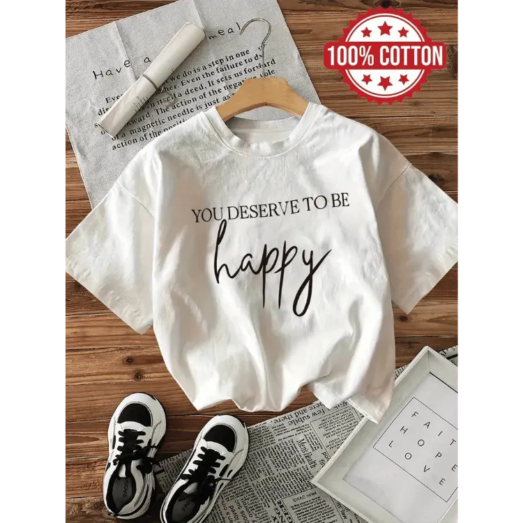 Women's Vintage Casual Short Sleeve Crew Neck T-Shirt, YOU DESERVE TO BE Happy T-Shirt, Women's Retro Graphic Tee, Trendy Gift T-Shirt, Everyday Wear, Unisex Funny Cotton Tshirt, Top Womenswear Streetwear