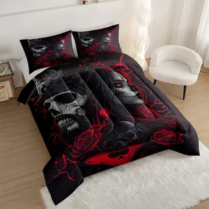 Gothic Skull and Rose Comforter Set, Dark Military Style Bedding Set with Haunting Woman Design, Cozy and Stylish Quilted Decorative Duvet Cover for a Unique Bedroom Makeover, Includes 1 quilt, with 1 or 2 Pillowcase No Pillow Core