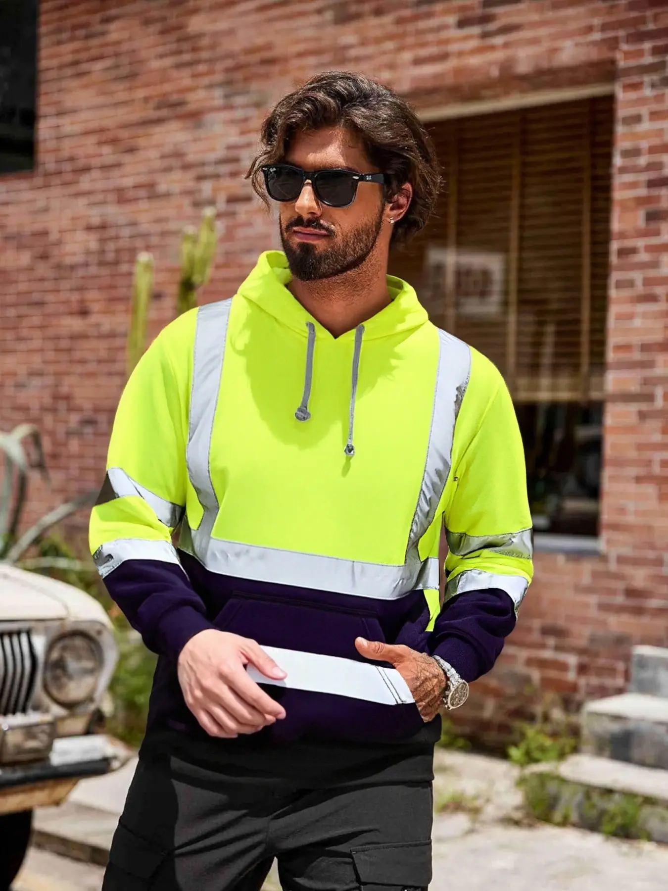Men's Reflective Striped Hoodie with Fluorescent Drawstring, Silver Color Reflective Stripe, Outdoor Safety Sweatshirt for Fall & Winter