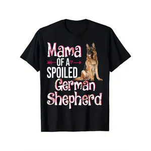Mama of a Spoiled German Shepherd" Graphic T-Shirt for Men - Black Casual Crew Neck Short Sleeve Tee with Playful Dog Design, 100% Cotton, Perfect for Summer Outdoor Fun, Dog T Shirts y2k  outfits  men demon slayer  Crewneck Tshirt