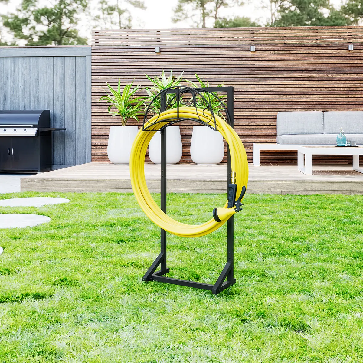 Garden Hose Holder Black Freestanding Hose Holder Heavy Duty Metal Hose Reel Stand Water Hose rack For Outside Organiser