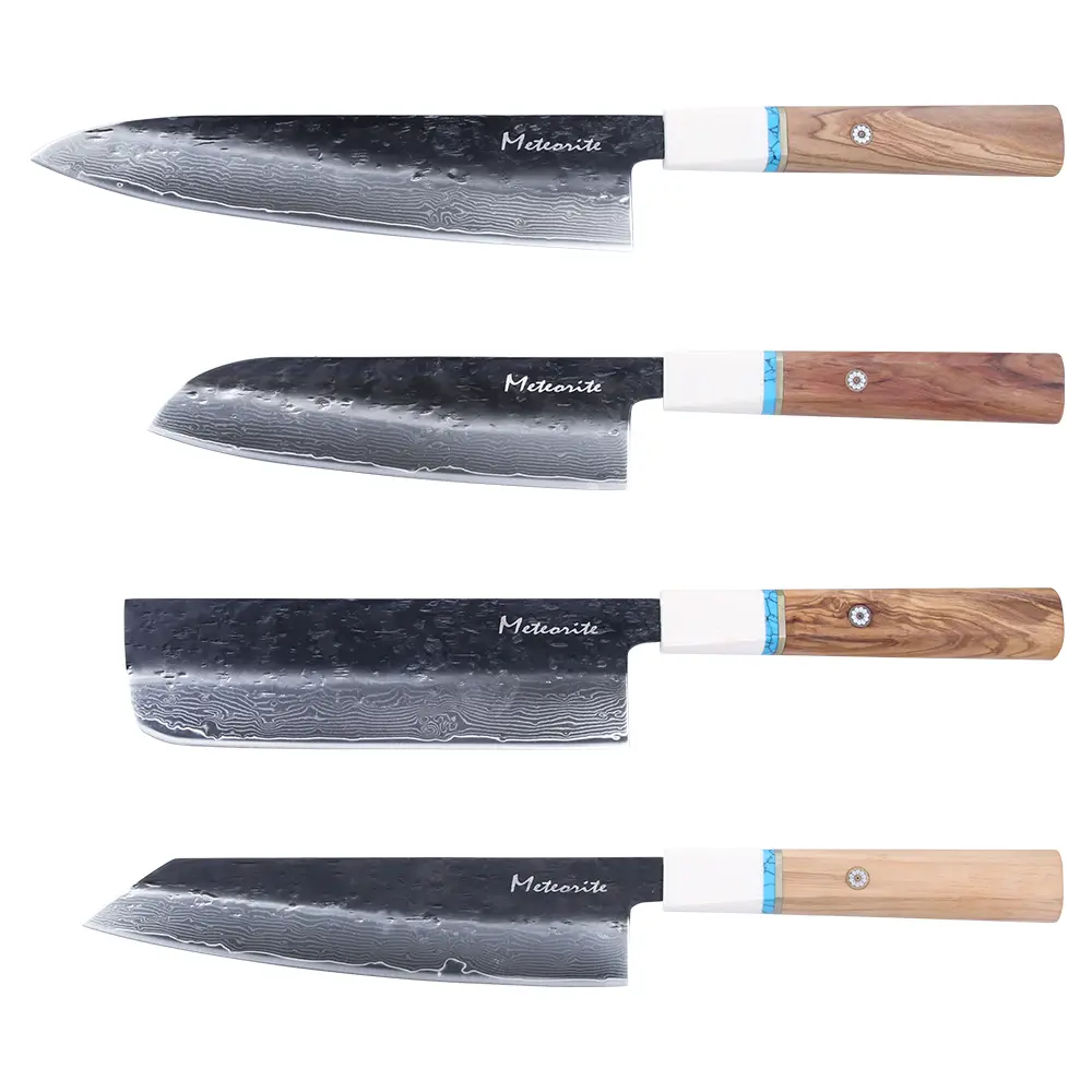 Premium Japanese Knife Set Series, For Home & Pro Kitchens, 2 / 3 / 4 Kits Selectable, Midnight Black Pattern Blade, Convex Grind Precision Edge, Olive Wood Ivory Resin – Home Chef & Collector Gift | Meteorite IceRaven
