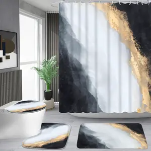 1/4 piece black Gold Coast fluid pattern shower curtain set, waterproof shower curtain with 12 hooks, non-slip bathroom carpet, toilet U-shaped cushion, toilet seat cover cushion, bathroom shower curtain set, perfect moving gift.