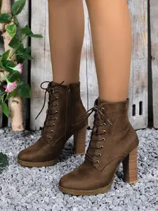 Women's Fashionable Solid Color Side Zipper Boots, Casual High Heel Boots for Daily Wear, Female All-match Trendy Shoes for Women & Girls, Thick Heeled Boots