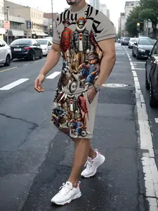 Men's 3D Pattern Print Set, Polyester Short Sleeve Top and Shorts, Slim-Fitting, Regular Length, All Seasons, Casual Wear