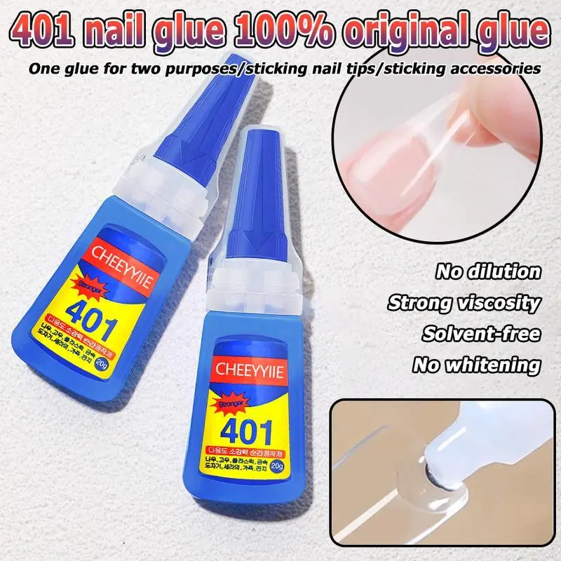 401 Quick-Dry Long-Lasting Liquid Adhesive Bottle, 20g Beginner Friendly No Whitening Residue Formula for Press On & Nail Tips, Single Item, 3D Press-On Nail Art Glue, Sticking Nail Tips