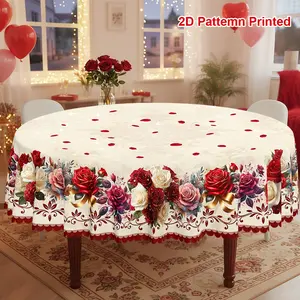 1pc, Spring Summer Themed Tablecloth, Picnic Table Cover, Valentine's Day Mother's Day Vintage Rose Floral Printed Design, Rectangular/Round Table Cloth, Embossed Edge, Suitable For Indoor Outdoor Dining Dinner Dining Room Decoration