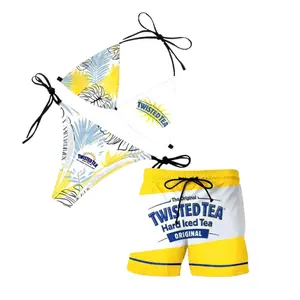 Matching Couple Swimwear Set, Twisted Tea Yellow Tropical Bikini & Board Shorts, Perfect Gift for Him