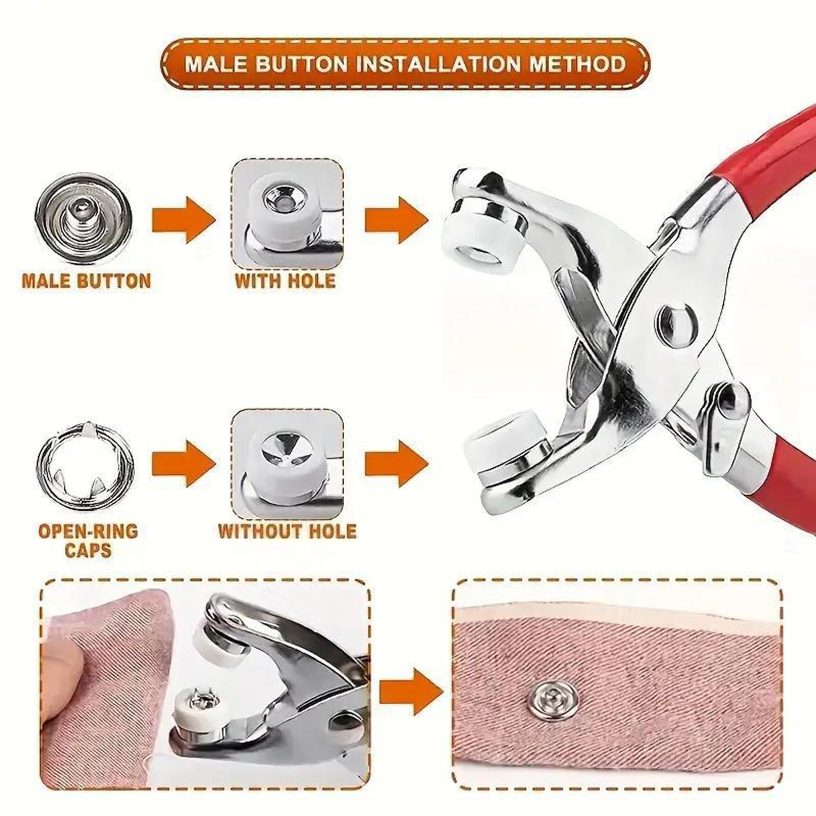 No Sew Snap Fastener Pliers Kit with 100pcs Metal Snap Buttons, Heavy Duty Snap Installation Tool, Strong Hold One Press Install, Easy for Beginners, DIY Fabric Leather Clothing Repair Kit