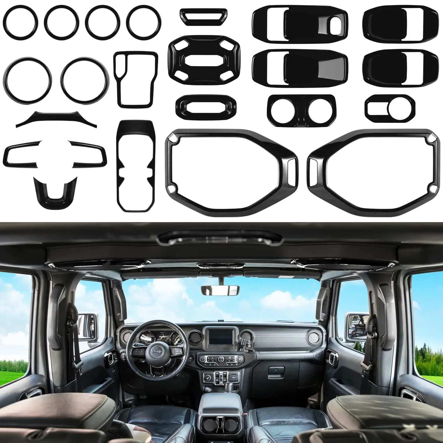 23PCS Full Set Self-Adhesive Interior Trim Kit, Forged Pattern Scratch Guard for Jeep Wrangler JL/JLU/Gladiator JT 2018-2023 (Steering Wheel, Door Handle, AC Vent, Cup Holder, Reading Light, Headlight, Gear Cover) (Black, Carbon Fiber, Red, Pink, Purple),