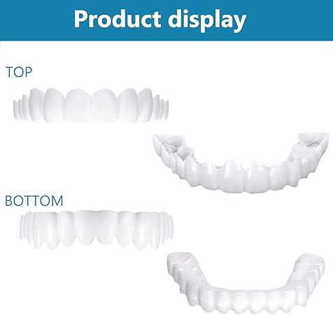 2-Pair Silicone Snap-On Smile False Teeth Set, Polypropylene Instant Veneers, Cosmetic Whitening Covers, Clip-In Top & Bottom Dentures for Stain Coverage