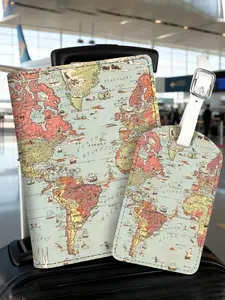 JIT 2Pc set Vintage World Map pattern Passport Holder luggage tag， lightweight PU material， suitable for travel bags， backpacks， gym bags， luggage ID， boarding passes - a travel essential， perf