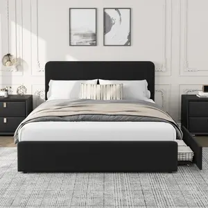 Full Modern Upholstered Platform Bed Frame with Headboard and Storage Drawers – Soft Fabric Corduroy Black,Sturdy Wood Slat Support, No Box Spring Needed, Easy Assembly