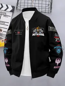 American Motorcycle Culture Multi-Element Windproof Baseball Jacket, Versatile Outerwear, Long Sleeve, Loose Fit, Geometric Pattern