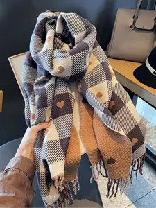 Women's Heart Pattern Tassel Decor Plaid Scarf, Casual Soft Warm Thick Shawl for Fall & Winter, Fashion Accessories for Women & Girls