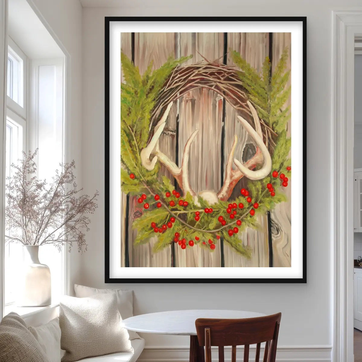 212 MAIN 36x48 in. Rustic Farmhouse Christmas Wreath Framed Print Wall Artwork - Artistic Firm, Holiday Motif Decor, Seasonal Elements, Warmth Accent for Kitchen, Festive Gift