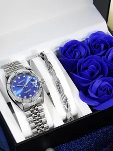 Women's Elegant Fashion Watch & Bracelet Set, Fashion Watch with Rose Gift Box, Trendy All-match & Exquisite Watch Set for Birthday Gift, Modern Trendy Watch